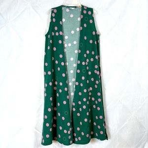 LuLaroe Women’s Joy Long Cardigan Duster Vest Size XS Green Pink Polka Dots